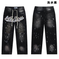 Valley Rhinestone Cursive‑Letter Baggy Jeans, Washed‑Black Distressed Unisex Streetwear Denim Pants
