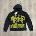 VALLEY Black Washed Valley Sport Division Football Graphic Zip‑Up Hoodie Unisex Oversized Jacket