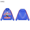 Valley Dreams Cartoon Bee Chenille Patch Pullover Hoodie, Blue Vintage Distressed Striped‑Sleeve Streetwear Unisex Sweatshirt
