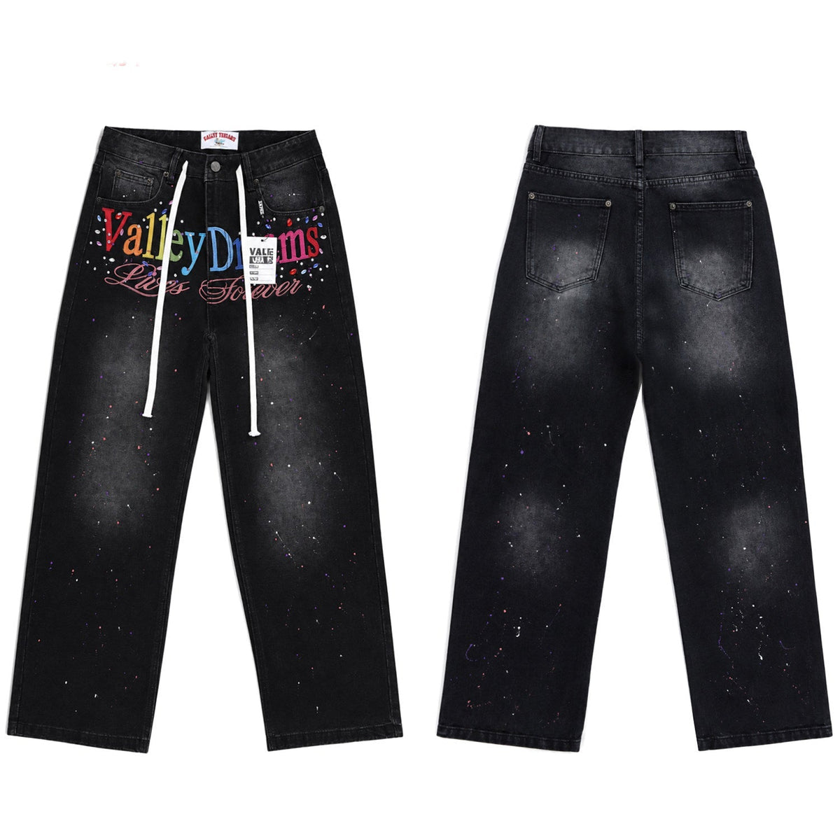 Valley Dreams Multicolor‑Letter Paint‑Splatter Baggy Jeans, Vintage Washed‑Black Unisex Wide‑Leg Denim Pants