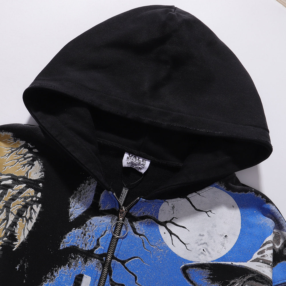 Valley Dreams Horror Graveyard Witch Full‑Print Zip‑Up Hoodie, Black Vintage Tour‑Style Oversized Streetwear Unisex Jacket
