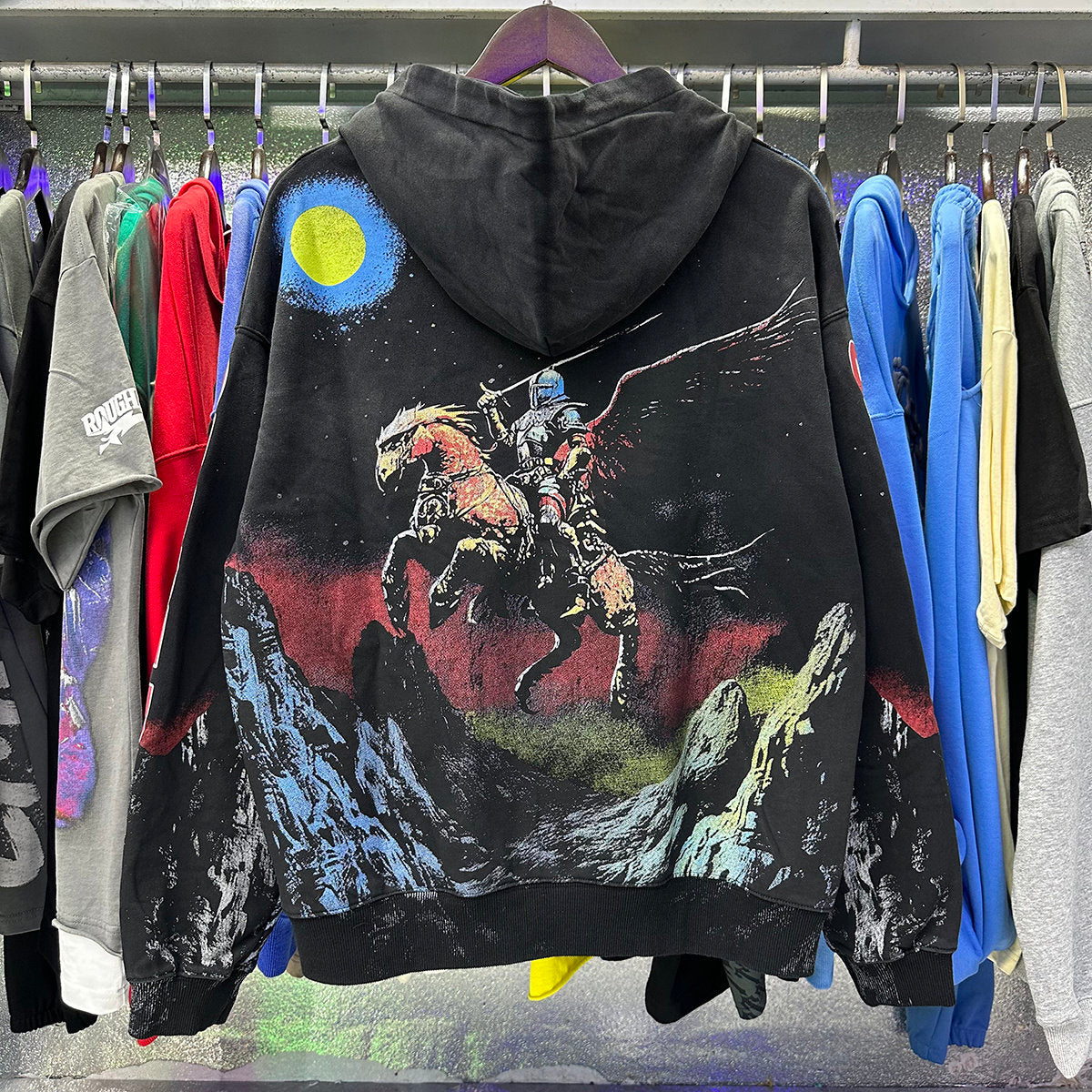 Valley Sports Dept Warrior Horse Graphic Zip‑Up Hoodie, Black Vintage Mountain‑Print Oversized Streetwear Unisex Jacket