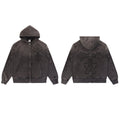 Valley Dreams Embossed Cross Zip‑Up Hoodie, Dark Grey Vintage Washed Distressed Streetwear Unisex Jacket