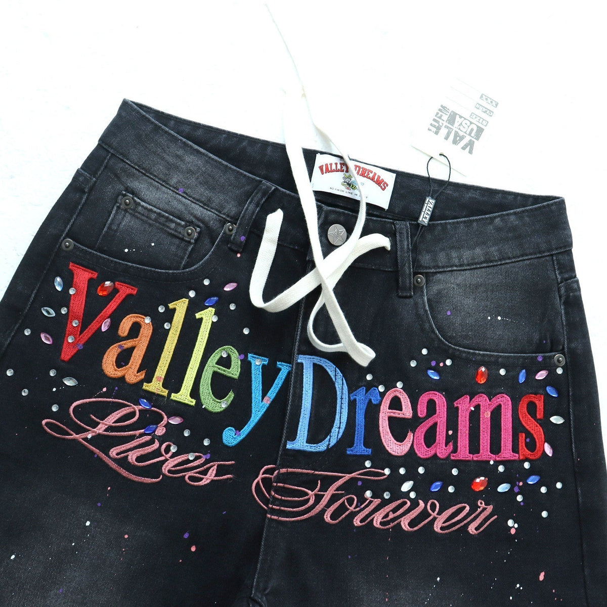 Valley Dreams Multicolor‑Letter Paint‑Splatter Baggy Jeans, Vintage Washed‑Black Unisex Wide‑Leg Denim Pants