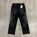 VALLEY White Dots Print Distressed Washed‑Black Straight‑Leg Jeans, Y2K Streetwear Unisex Denim Pants
