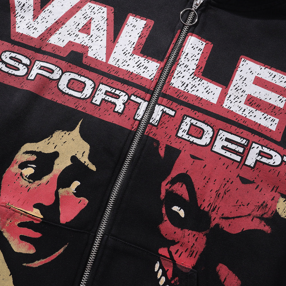 Valley Sport Dept Devil Character Graphic Zip‑Up Hoodie, Black Vintage Horror Oversized Streetwear Unisex Jacket
