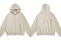 Fog Essentials Heather Oatmeal Zip‑Up Hoodie, Gold‑Tone Back Logo Oversized Outerwear