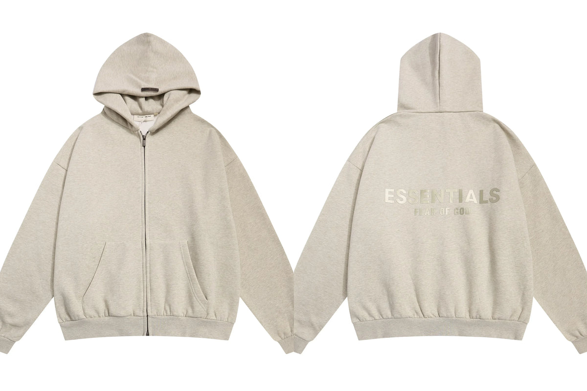 Fog Essentials Heather Oatmeal Zip‑Up Hoodie, Gold‑Tone Back Logo Oversized Outerwear