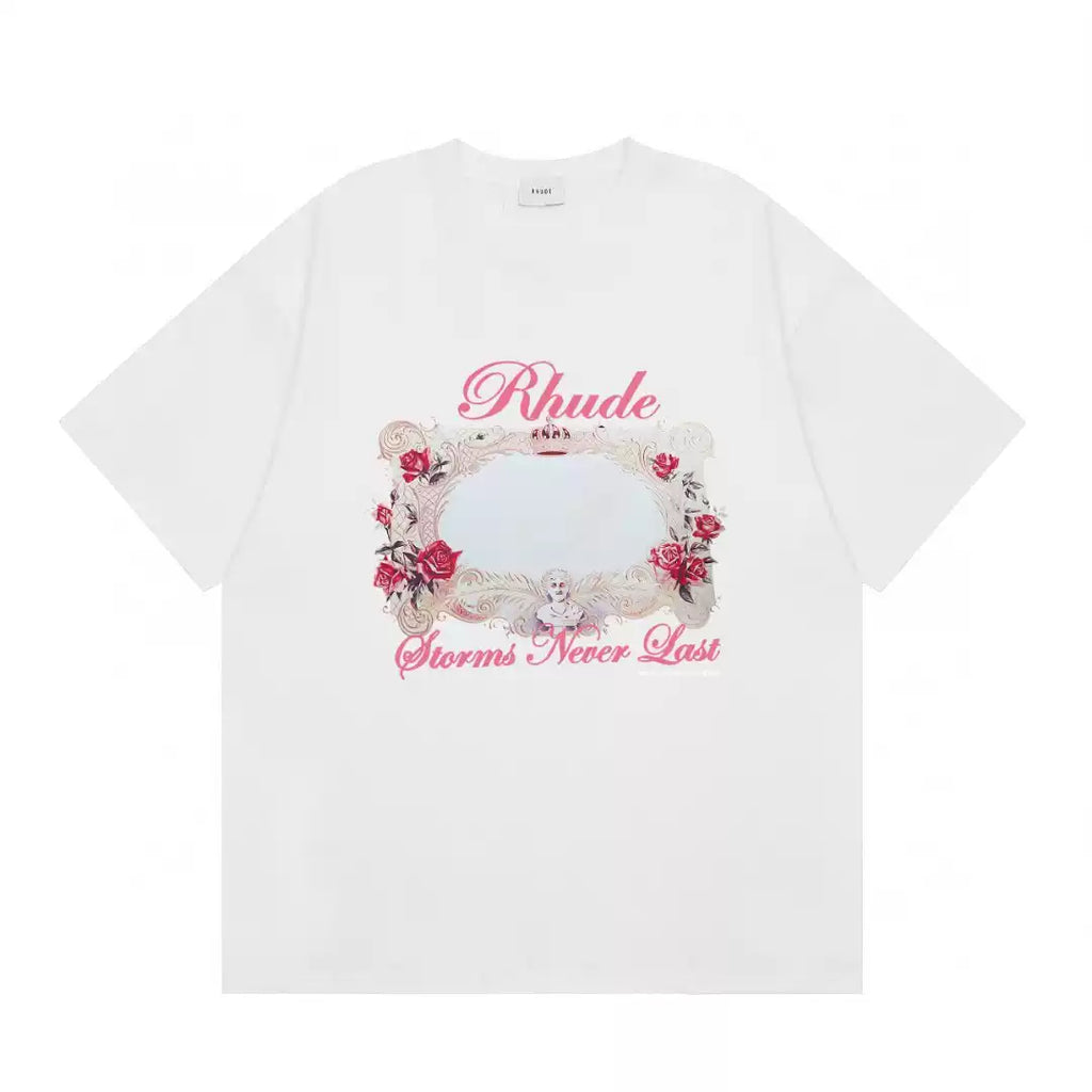 Rhude Roses Never Last Floral Frame Graphic Short Sleeve T-Shirt