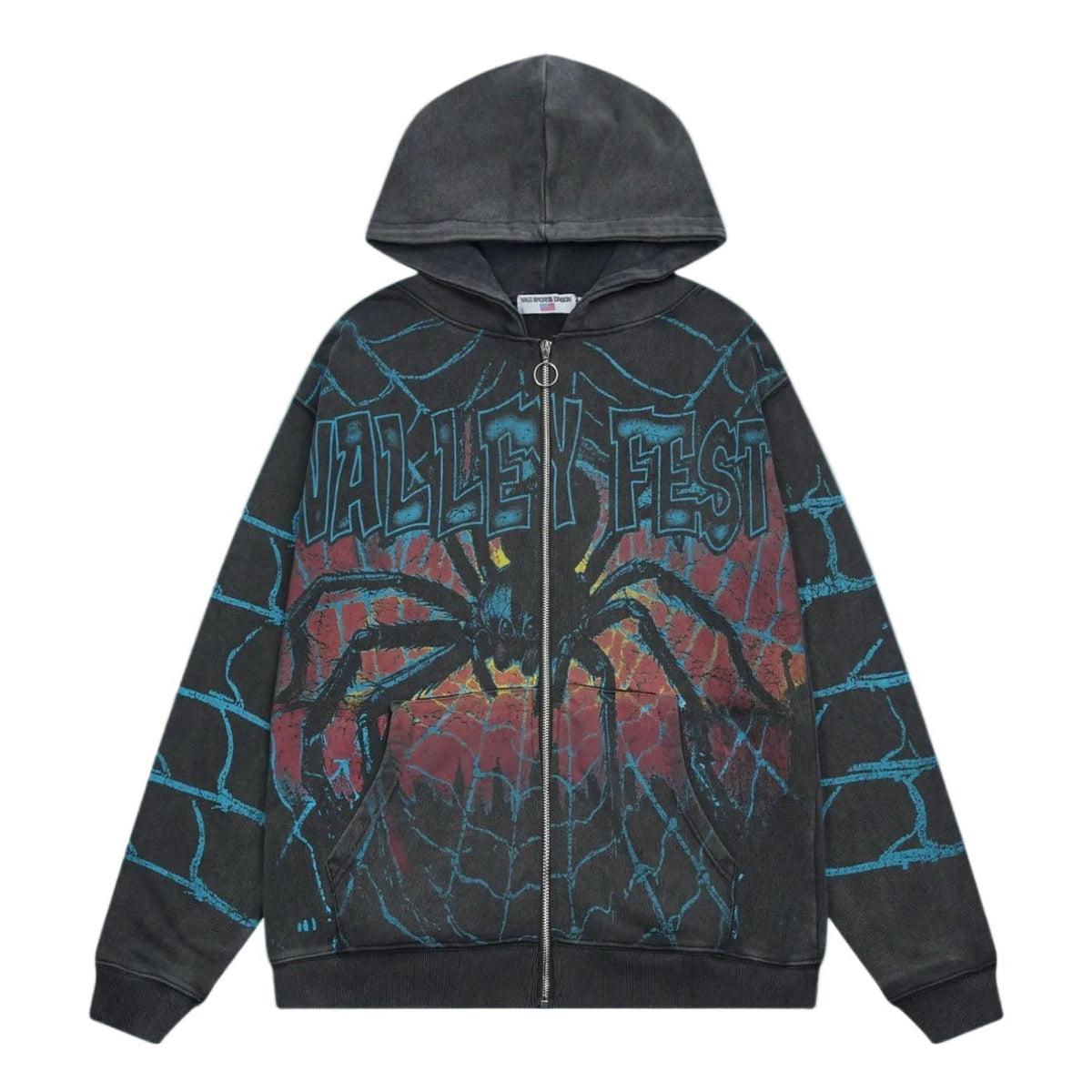 Valley Fest Spider Web Graphic Zip‑Up Hoodie, Unisex Black Vintage Streetwear Jacket