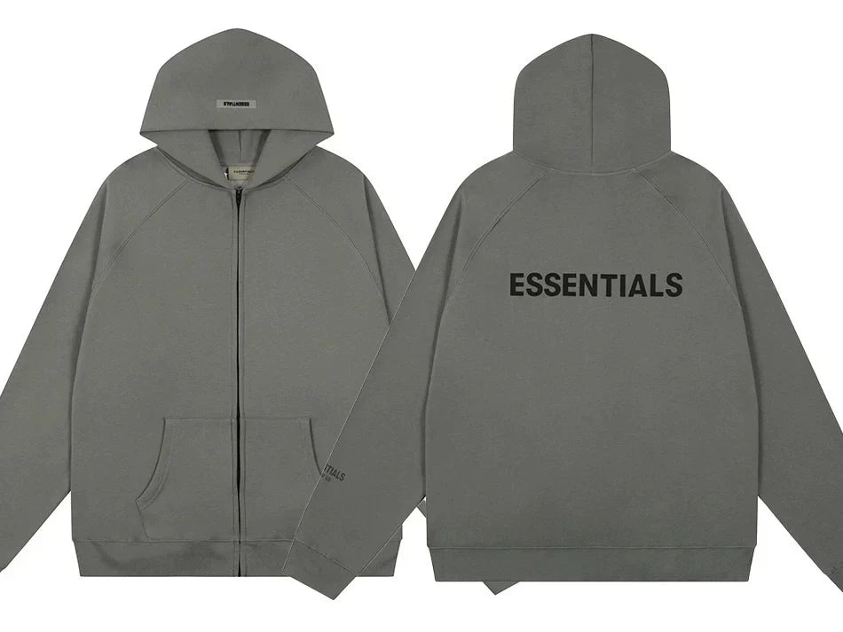 Fog Essentials Grey Oversized Full‑Zip Hoodie With Back “ESSENTIALS” Logo Print