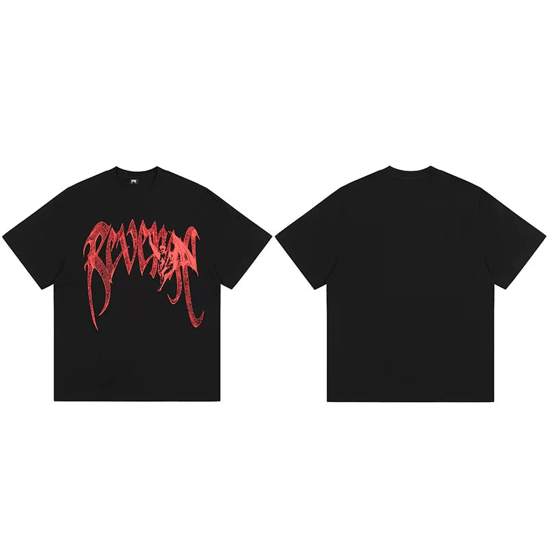 Revenge Red Layered Gothic Script Graphic T‑Shirt