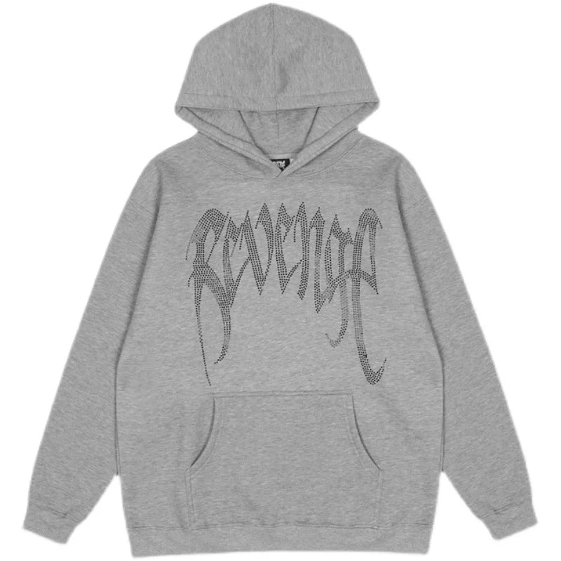 Revenge Black Rhinestone Gothic Script Logo Pullover Hoodi