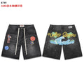 VALEFOREVER Black Washed Denim Shorts with Tropical Palm Tree Print