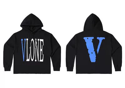 VLONE Blue Distressed Big V Hoodie Black