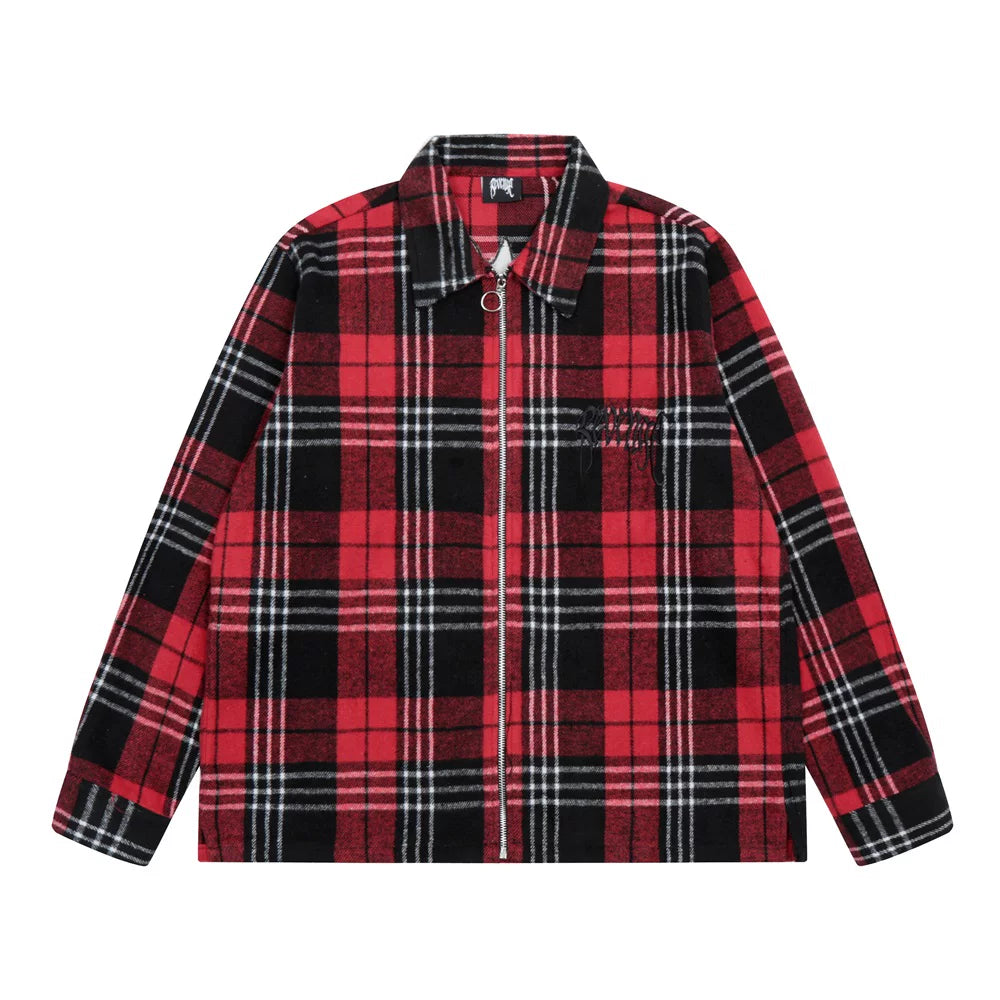 Revenge Embroidered Gothic Logo Red Black Plaid Zip‑Up Flannel Jacke