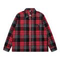 Revenge Embroidered Gothic Logo Red Black Plaid Zip‑Up Flannel Jacke
