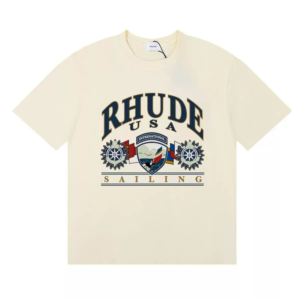 Rhude USA Sailing Crest Graphic Cream Short Sleeve T‑Shirt