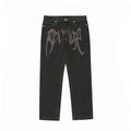 Revenge Tone‑on‑Tone Grey Gothic Embroidered Logo Straight‑Leg Black Jeans