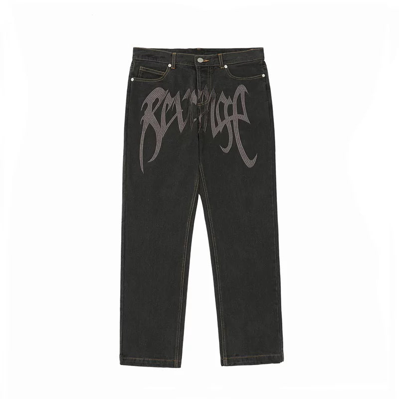 Revenge Tone‑on‑Tone Grey Gothic Embroidered Logo Straight‑Leg Black Jeans