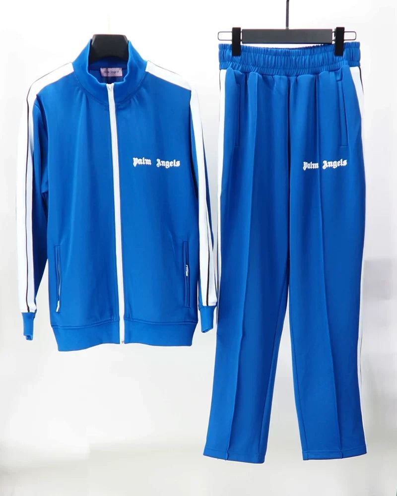 Palm Angels Royal Blue Stripe Tracksuit 2Pcs Zip Jacket + Straight Sweatpants Unisex Street Outfit