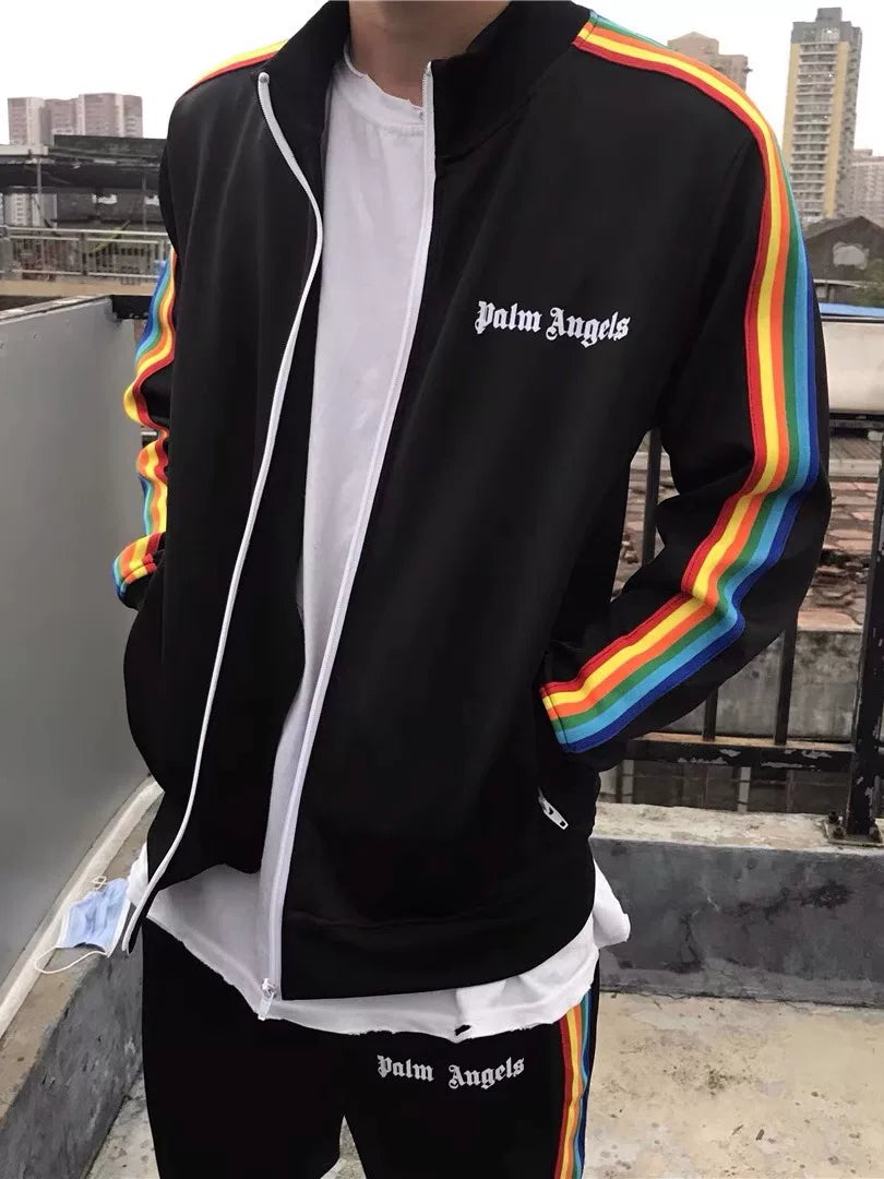 Palm Angels Rainbow Stripe Zip Up Track Jacket - Black