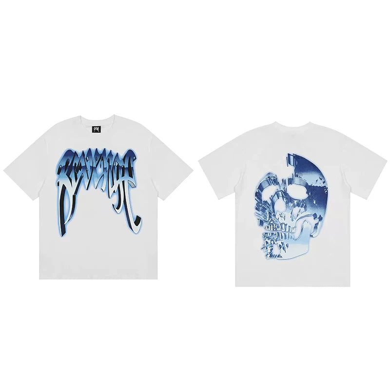 Revenge Blue 3D Chrome Skull Graphic T‑Shirt