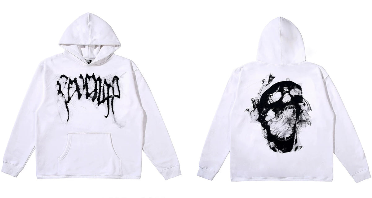Revenge Black Distorted Gothic Script Smoke‑Effect Skull Hoodie