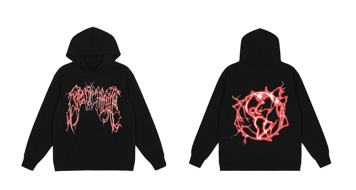 Revenge Red Lightning Thorn Gothic Logo Globe‑Skull Hoodie