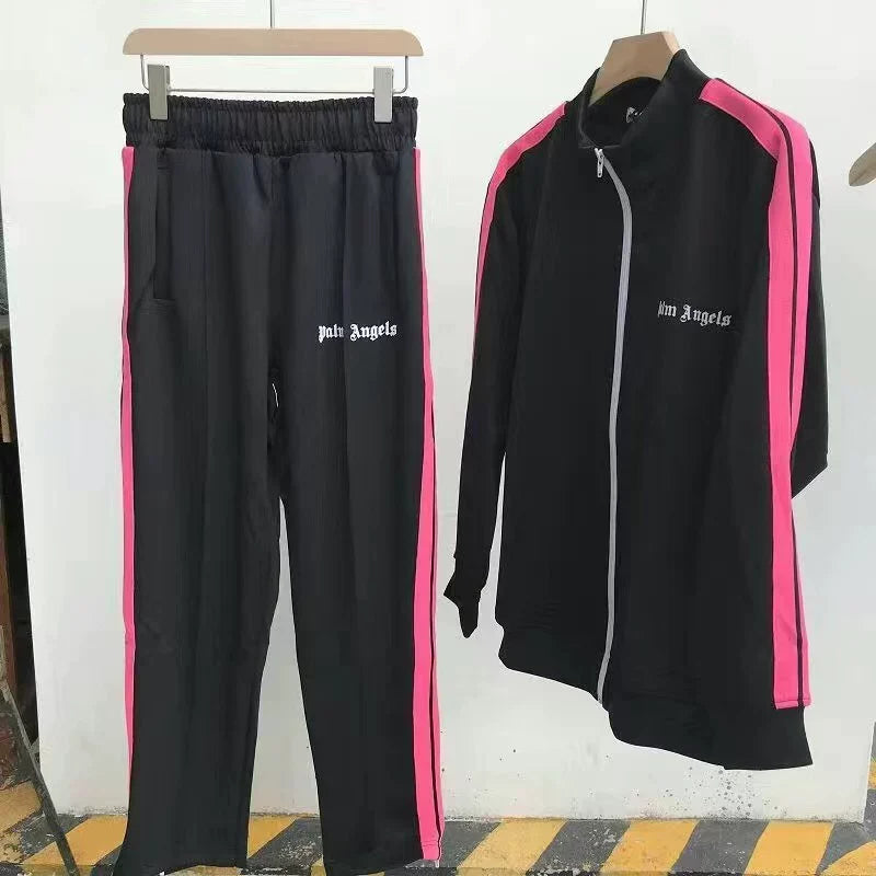 Palm Angels Black Pink Side Stripe Tracksuit 2 Piece Set Zip Jacket + Sweatpants Unisex Streetwear