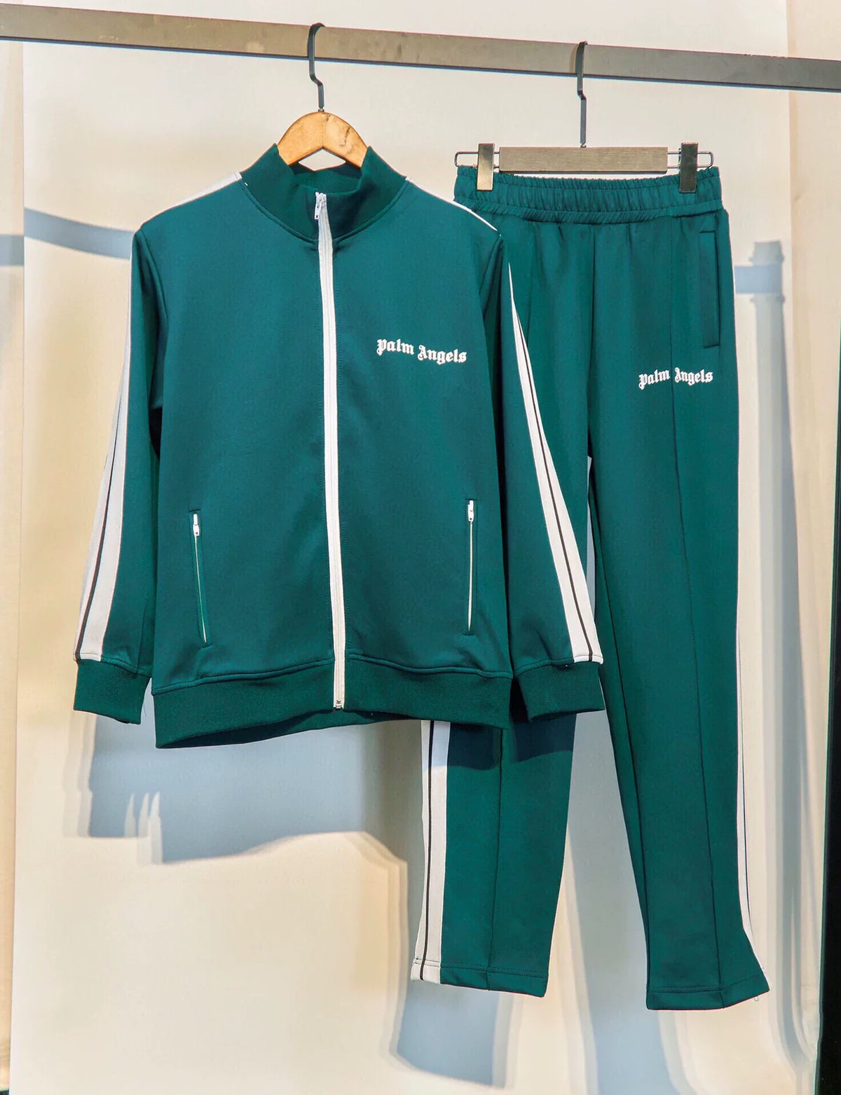 Palm Angels Forest Green Stripe Track Suit 2Pcs Zip Up Jacket + Straight Sweatpants Unisex Outfit