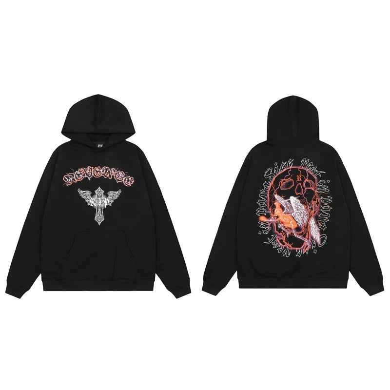 Revenge Skull Winged Cross Graphic Hoodie