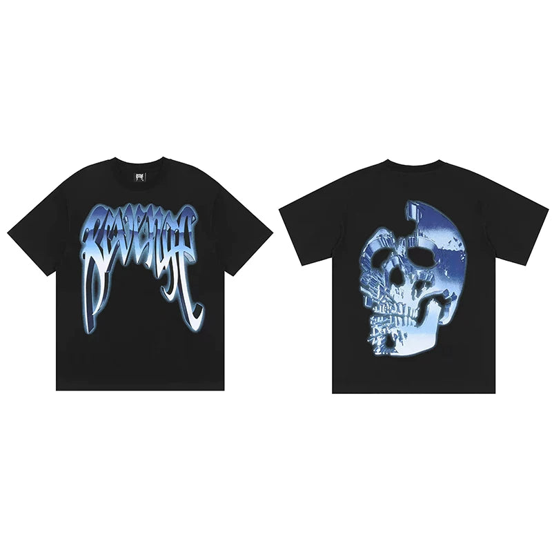 Revenge Blue 3D Chrome Shattered Skull Graphic T‑Shirt