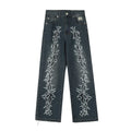 Revenge White Tribal Thorn Embroidered Wide‑Leg Dark Blue Washed Jeans