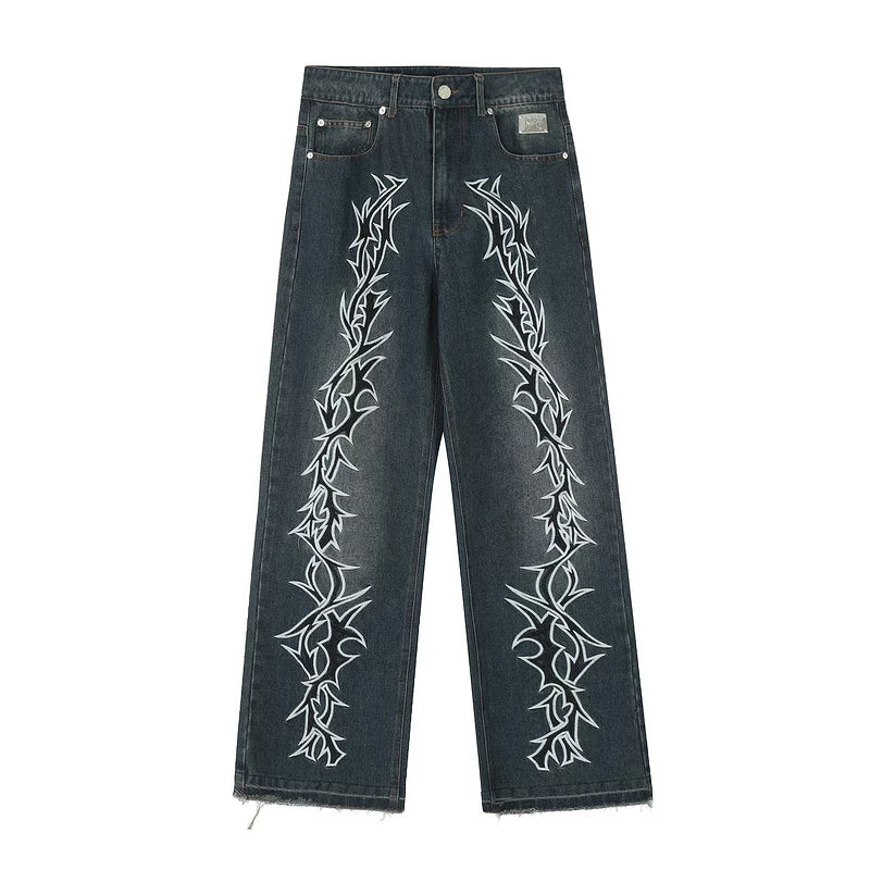Revenge White Tribal Thorn Embroidered Wide‑Leg Dark Blue Washed Jeans