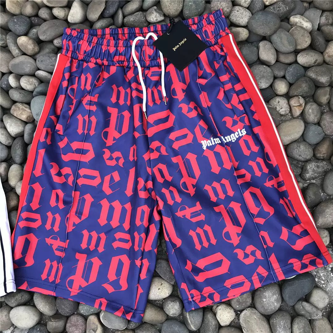 Palm Angels Purple Red Gothic Letter Print Shorts Unisex Bold Streetwear Shorts