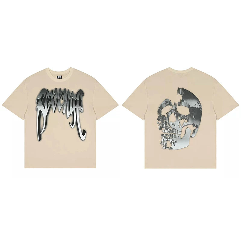 Revenge Silver 3D Chrome Shattered Skull Graphic T‑Shirt