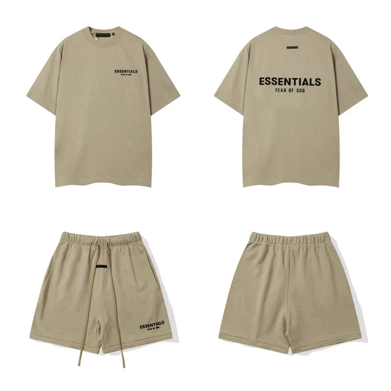 Fog Essentials Khaki Oversized T‑Shirt And Drawstring Shorts Hip‑Hop 2‑Piece Streetwear Suit