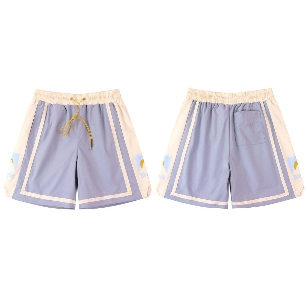 Rhude Light Blue‑Off‑White Color‑Block Mountain Logo Drawstring Streetwear Shorts
