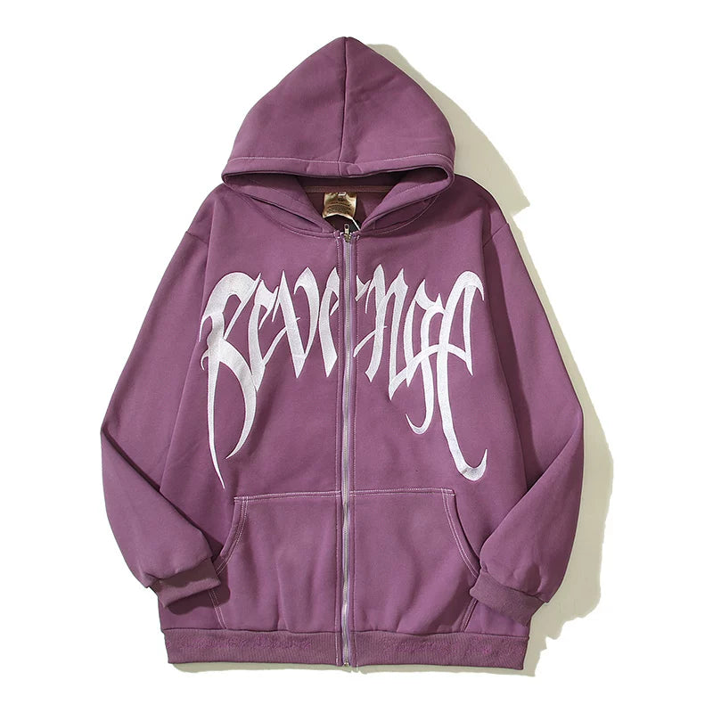 Revenge White Big Logo Contrast‑Stitch Zip Up Hoodie