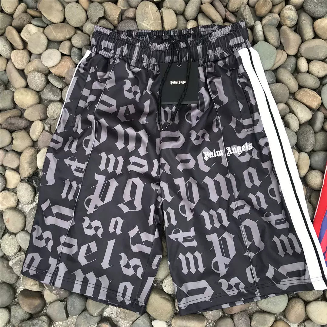 Palm Angels Black Grey Gothic Letter Print Shorts Unisex Classic Street Shorts