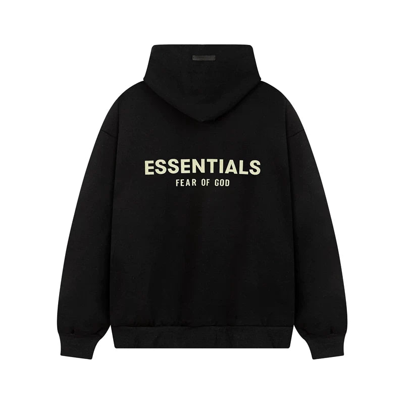 Fog Essentials Cream‑Logo Black Oversized Drop‑Shoulder Pullover Hoodie