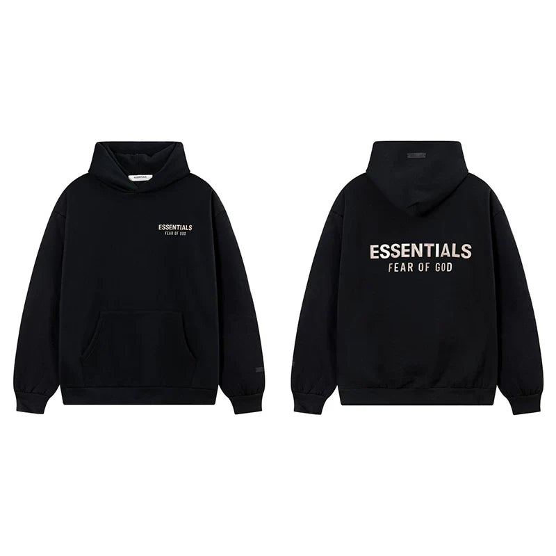 Fog Essentials Black Fleece‑Lined Oversized Pullover Hoodie Chest Logo