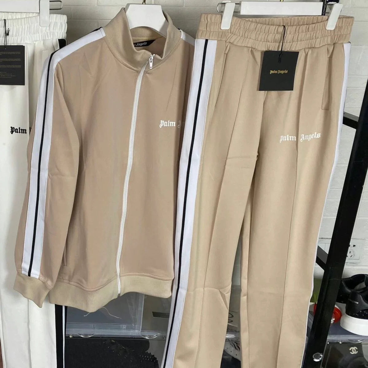 Palm Angels Khaki Stripe Tracksuit 2Pcs Zip Jacket + Straight Sweatpants Unisex Street Outfit