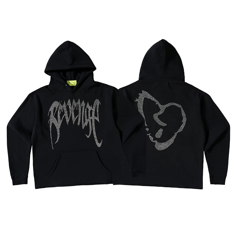 Revenge Rhinestone Gothic Script Logo Pullover Hoodie