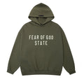 Fog Essentials Olive‑Green Oversized Hoodie White “FEAR OF GOD STATE” Chest Logo