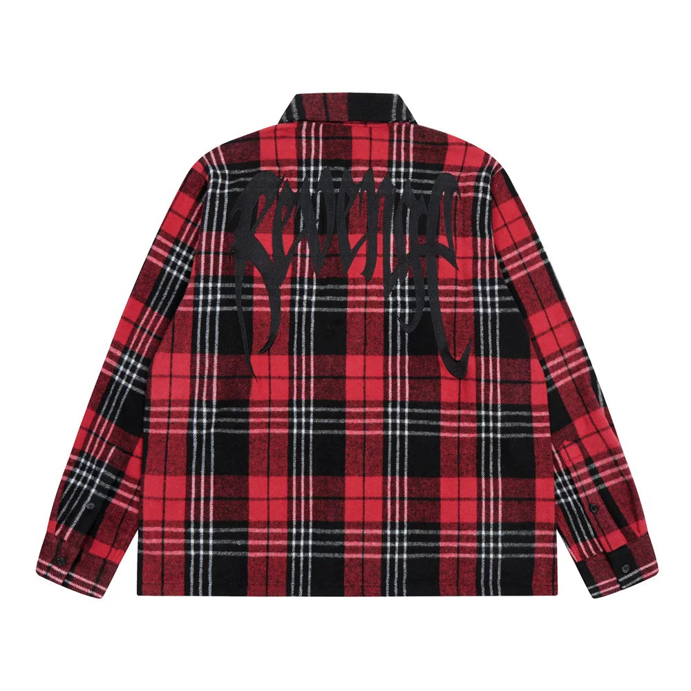 Revenge Embroidered Gothic Logo Red Black Plaid Zip‑Up Flannel Jacket