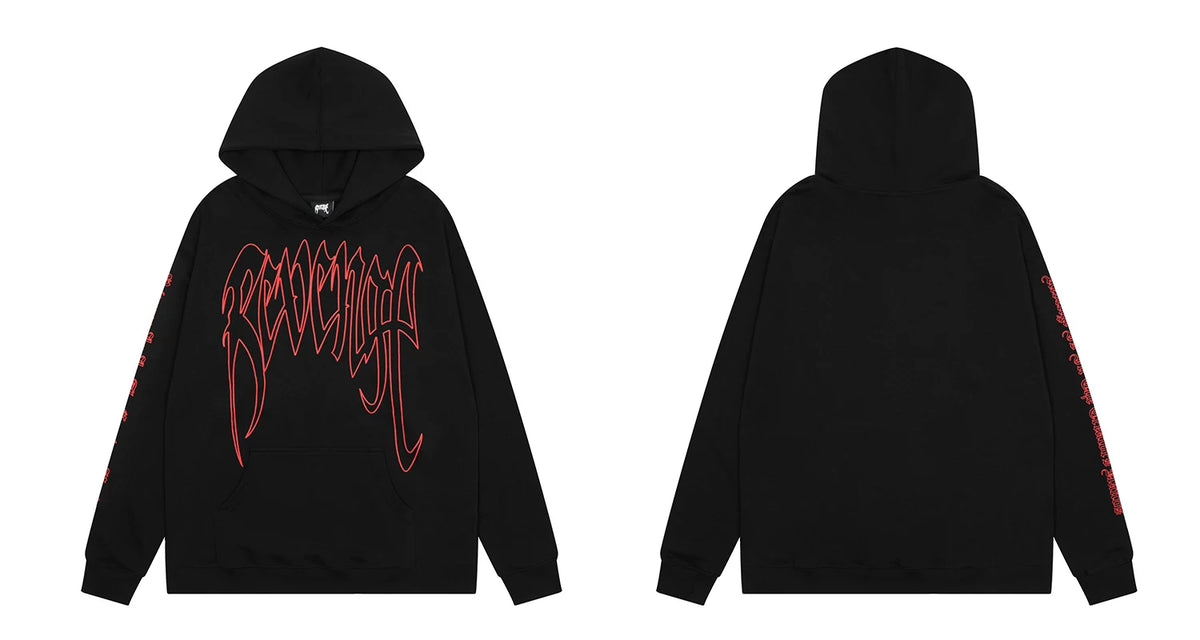 Revenge Red Outline Gothic Logo Sleeve Text Hoodie