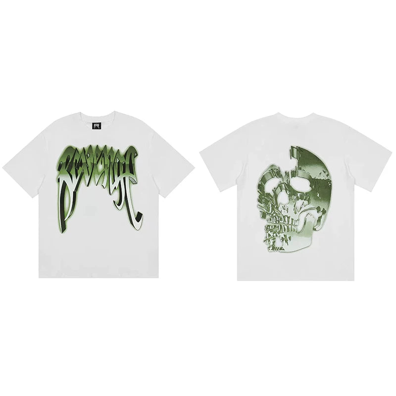 Revenge Green 3D Chrome Shattered Skull Graphic T‑Shirt