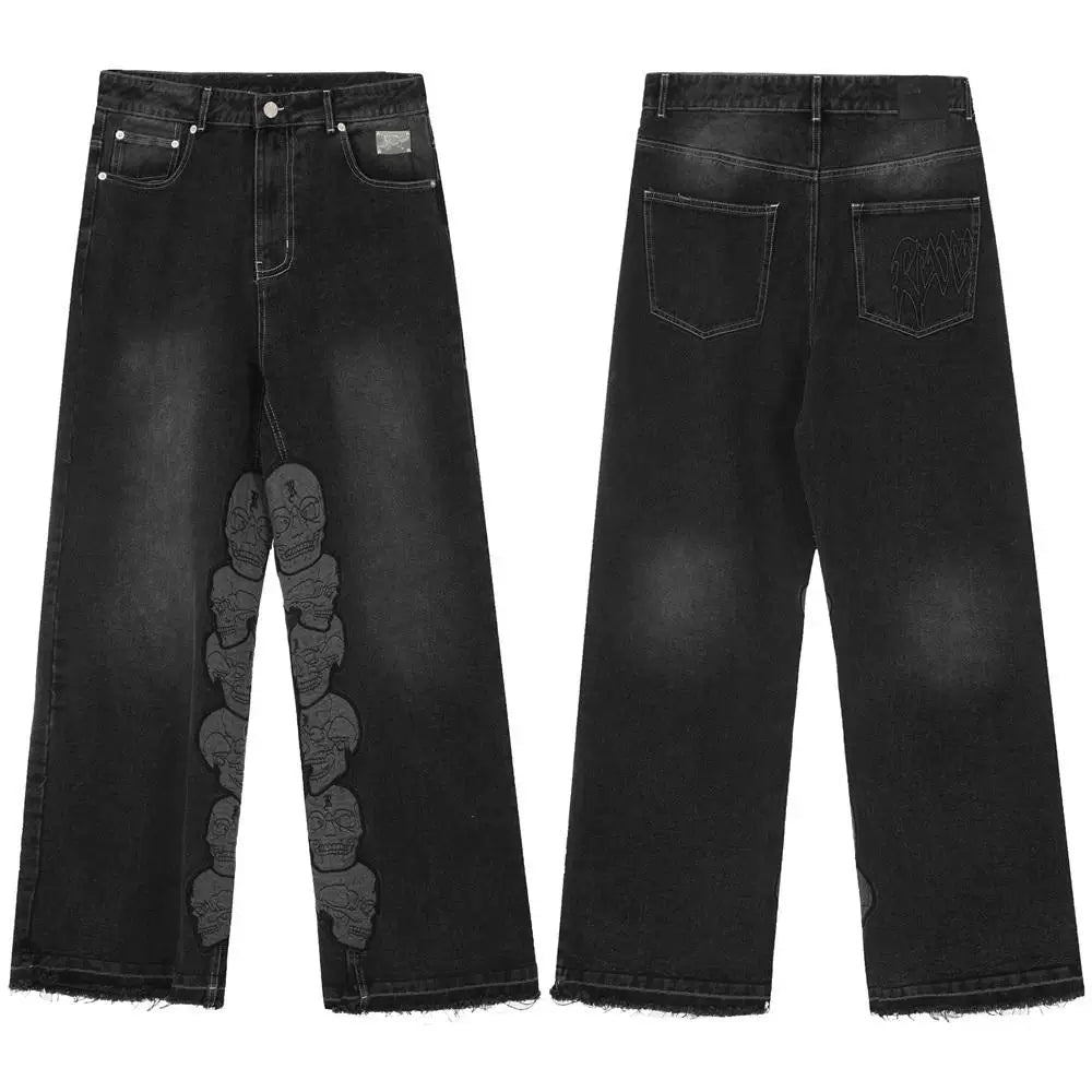 Revenge Stacked Skull Embroidered Wide‑Leg Black Washed Jeans